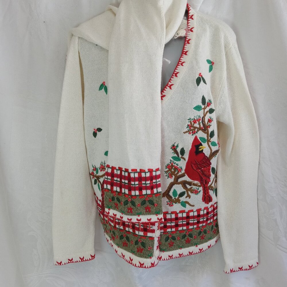 NWT White Stag L Cardinal Embroidered Embellished White Knit Cardigan 12/14 Vtg - Picture 2 of 15
